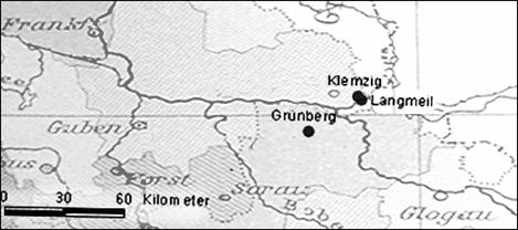 Karte Klemzig, Langmeil und Grünberg in Schlesien.