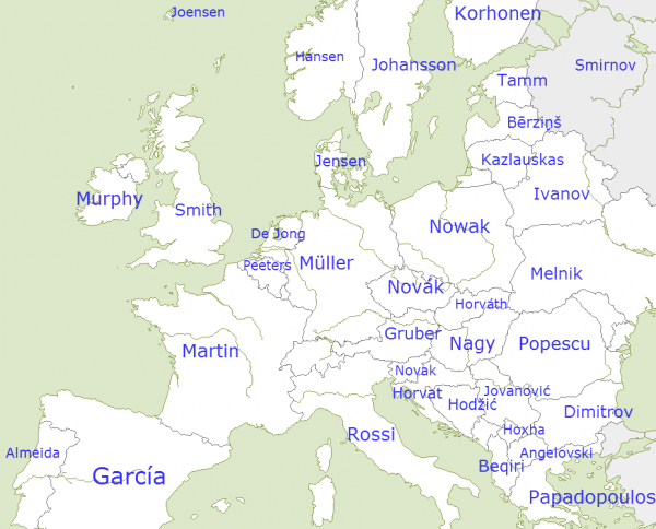 Karte Häufigste Familiennamen in Europa 
